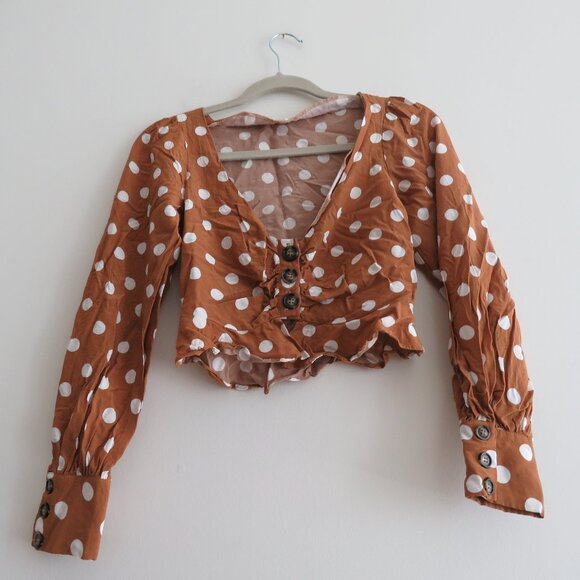FOR LOVE & LEMONS Isabella Cropped Blouse in Mustard Polka Dot - Size XS - Picture 9 of 16